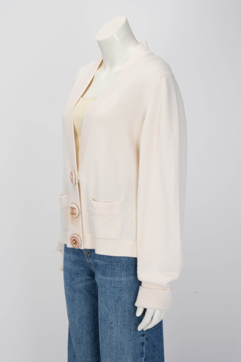 Chanel Cream Cashmere 22A Embellished Button Cardigan FR 46