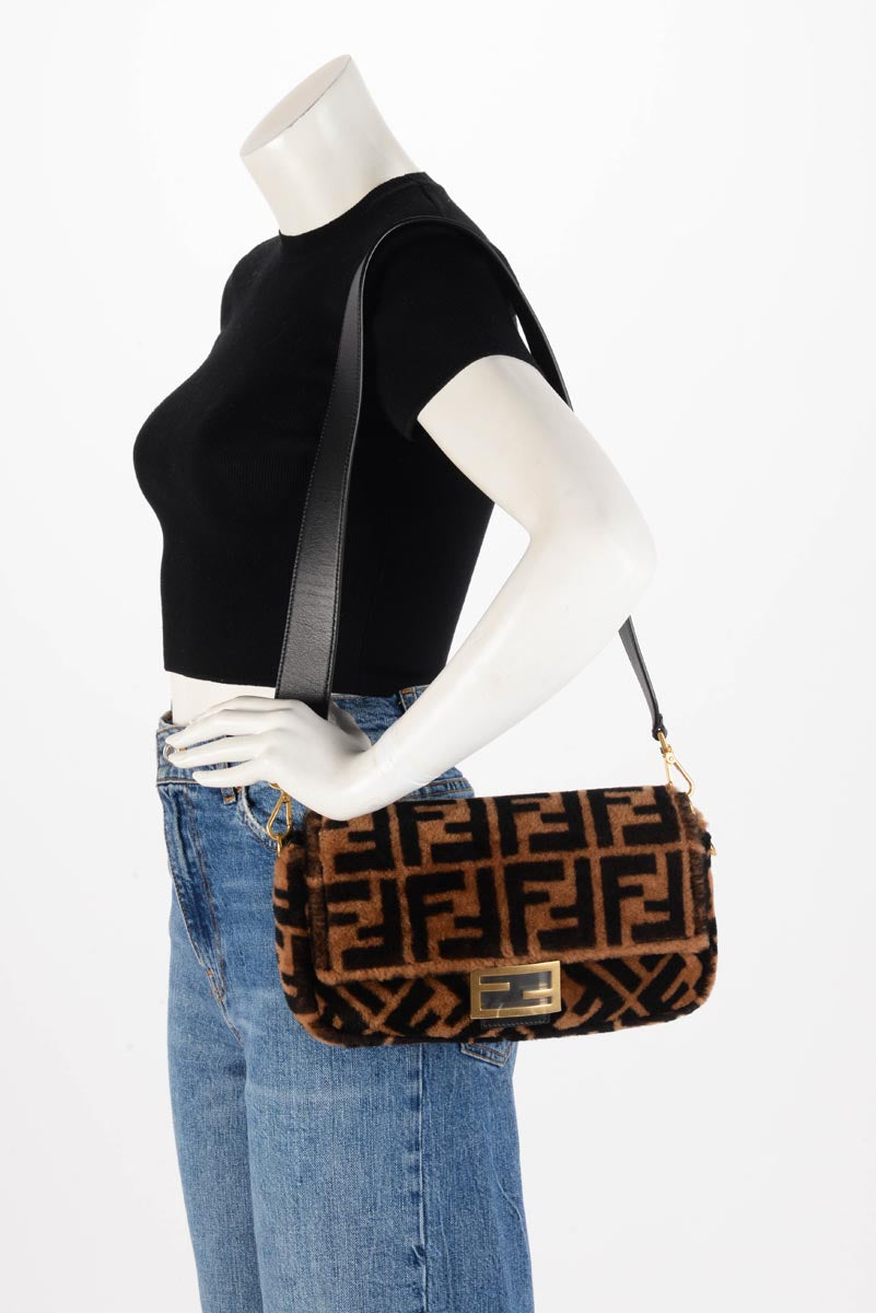 Fendi Brown FF Shearling Baguette Bag