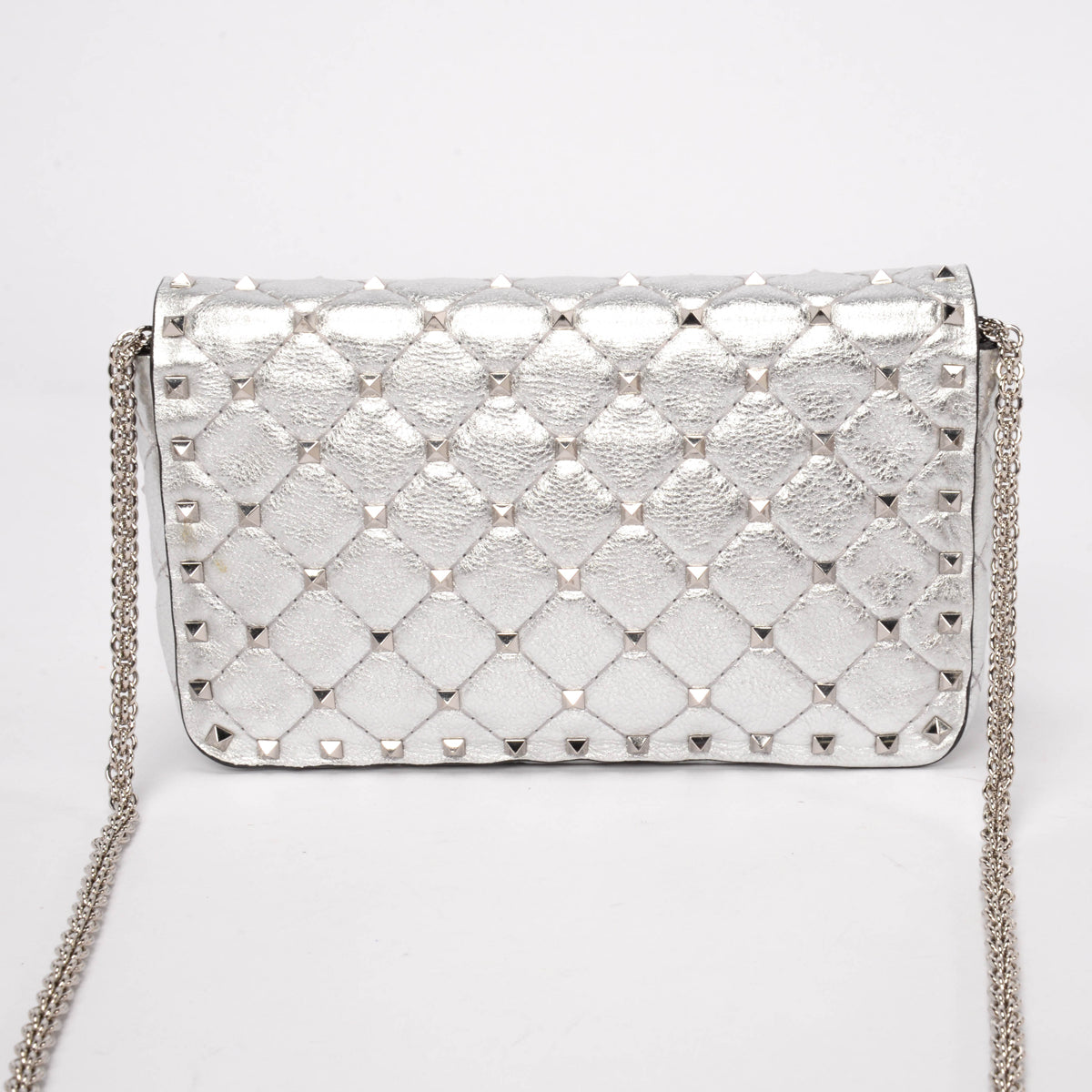 Valentino Silver Lambskin Rockstud Spike Wallet on Chain
