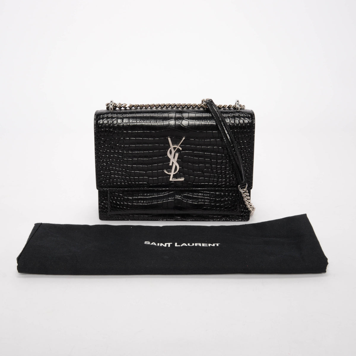 Saint Laurent Black Croc Embossed Medium Sunset Bag