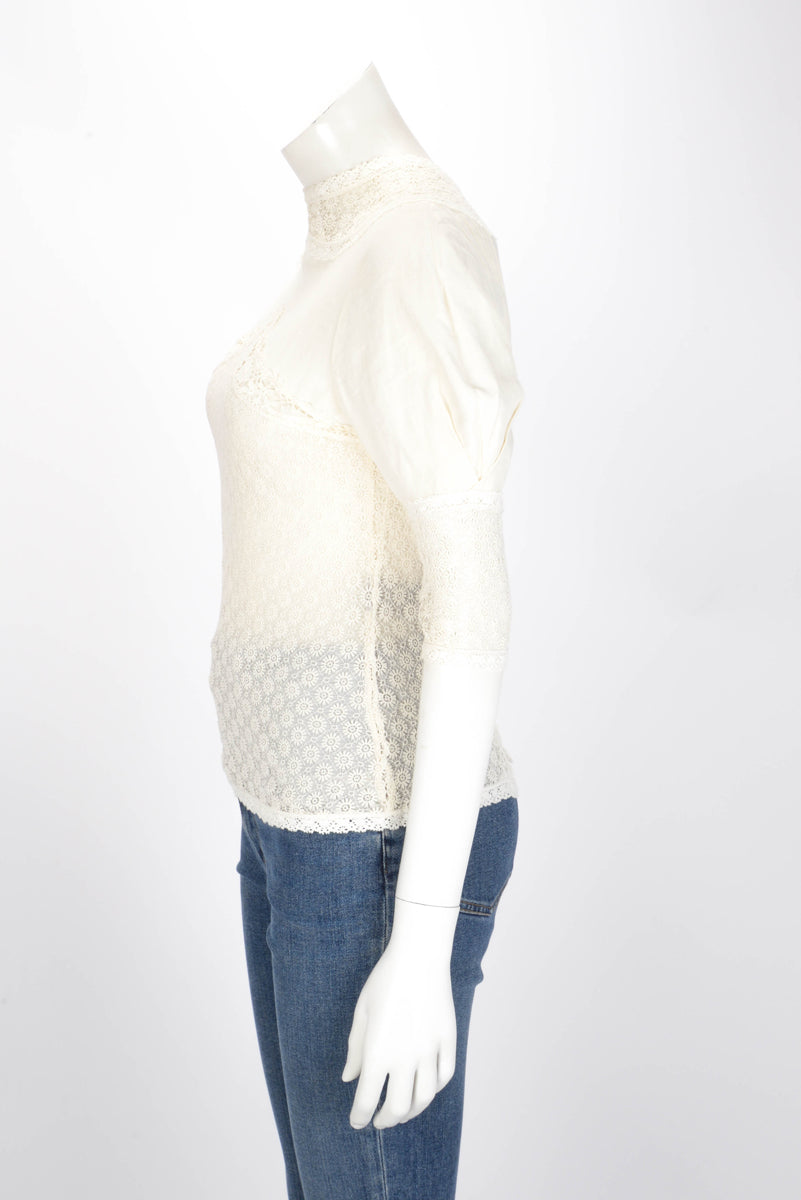 Isabel Marant Ivory Linen Floral Lace Detail Blouse FR 36