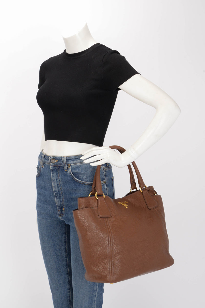 Prada Brown Vitello Daino Side Pocket Tote