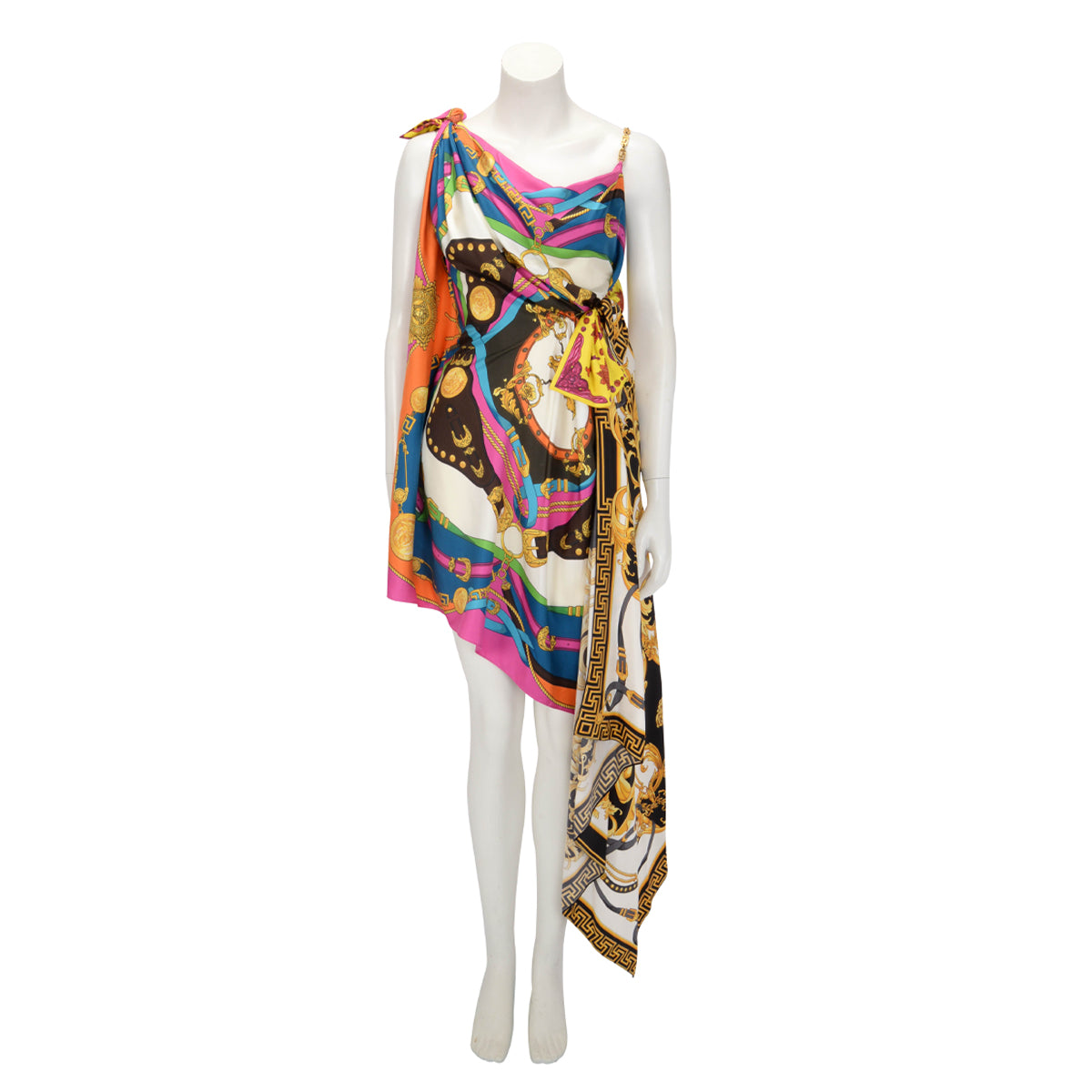 Versace Multi Colour Silk Scarf Greca Chain Dress IT 36