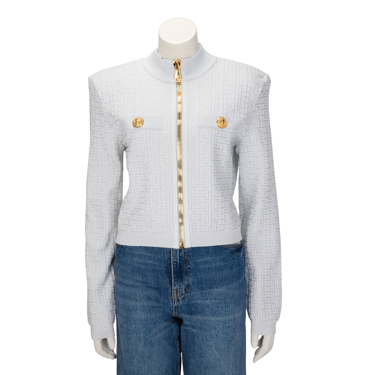 Balmain Light Blue Jacquard Knit Monogram Zip Jacket FR 46