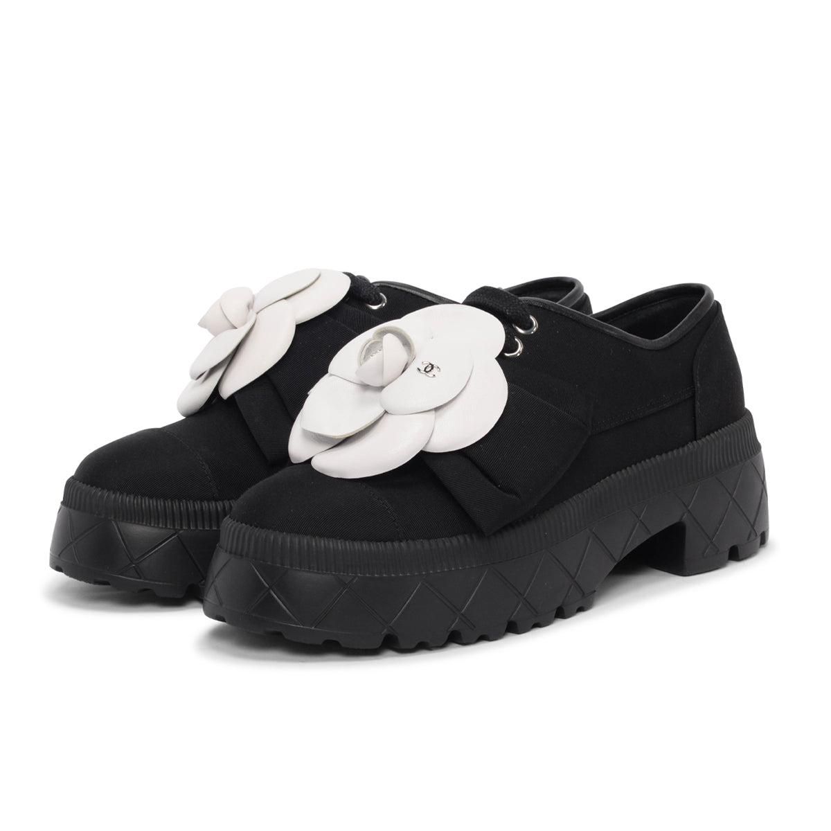 Chanel Black Grosgrain Camellia Lace Up Loafers 36