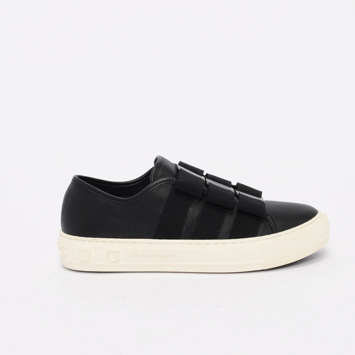 Ferragamo Black Calfskin Nataly Vara Bow Sneakers 6.5