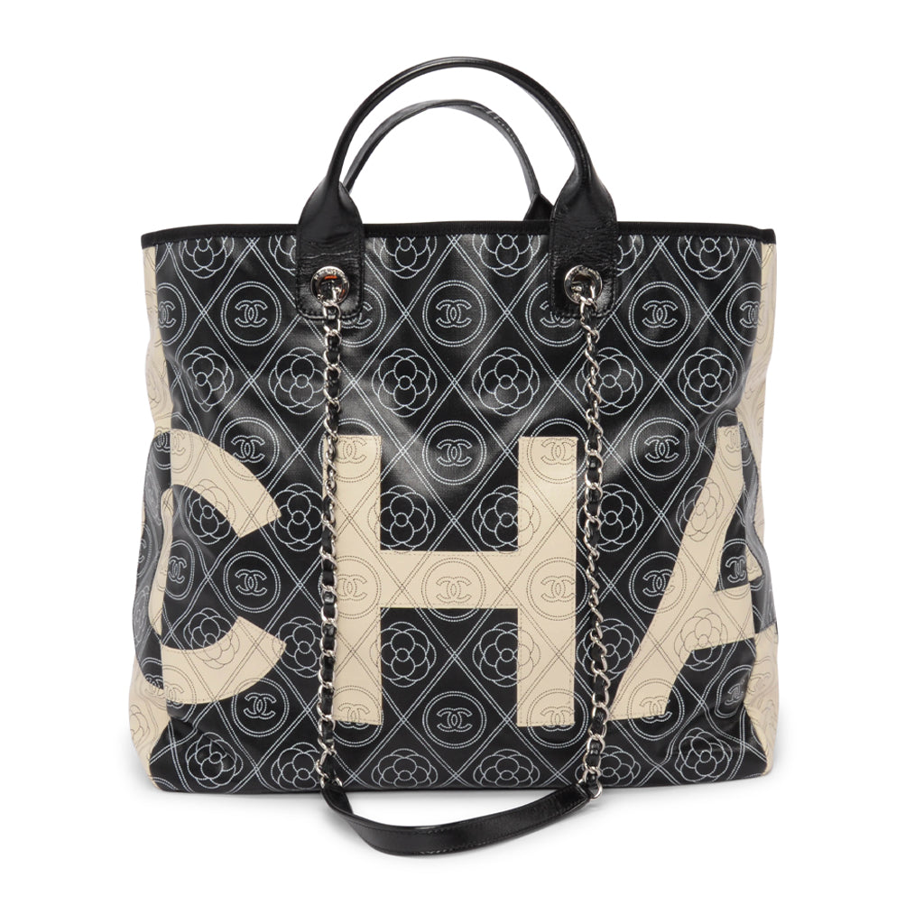 Chanel Black & Ivory Coated Canvas Camellia Tote