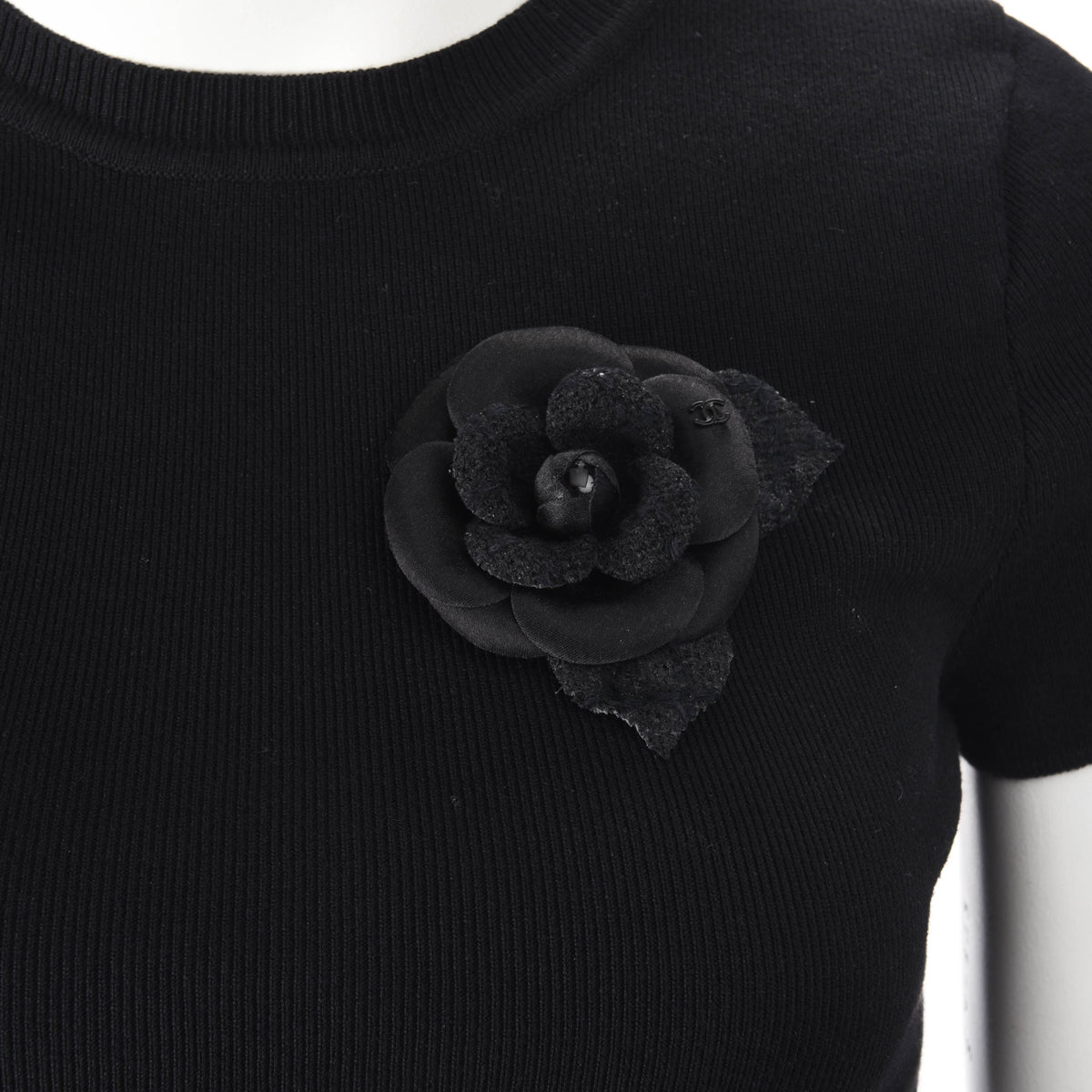 Chanel Black Satin & Tweed Camellia Brooch
