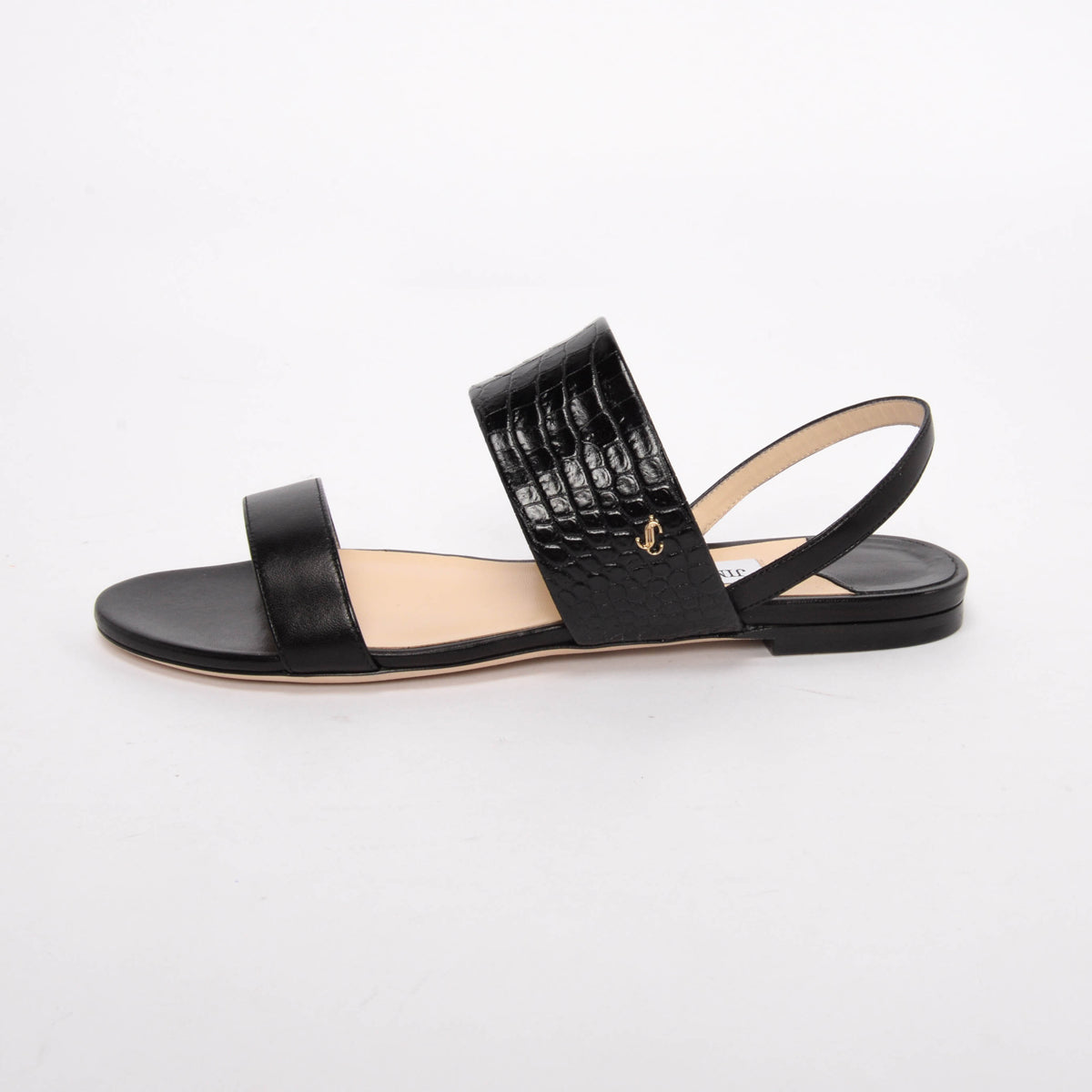 Jimmy Choo Black Nappa & Croc Embossed Seia Flat Sandals 38