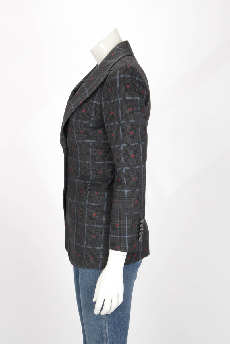 Gucci Grey Wool Check Heart Embroidered Blazer IT 36
