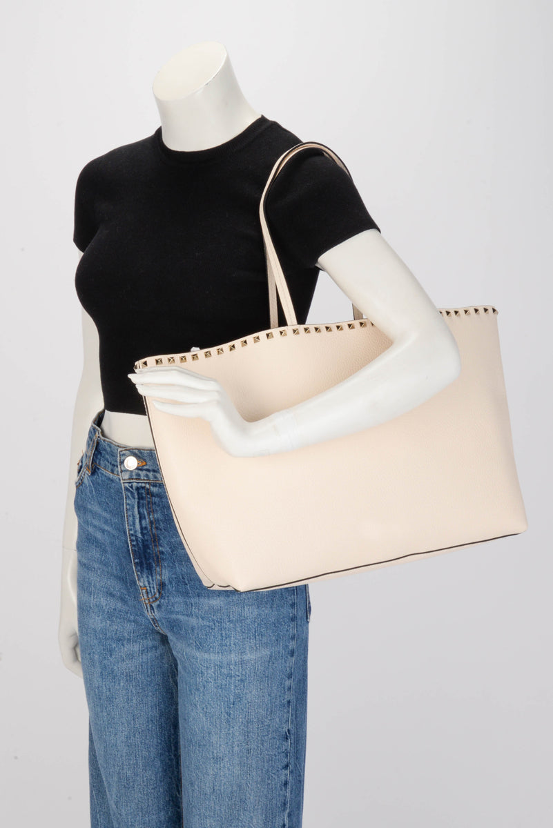 Valentino Ivory Grainy Calfskin Rockstud Tote