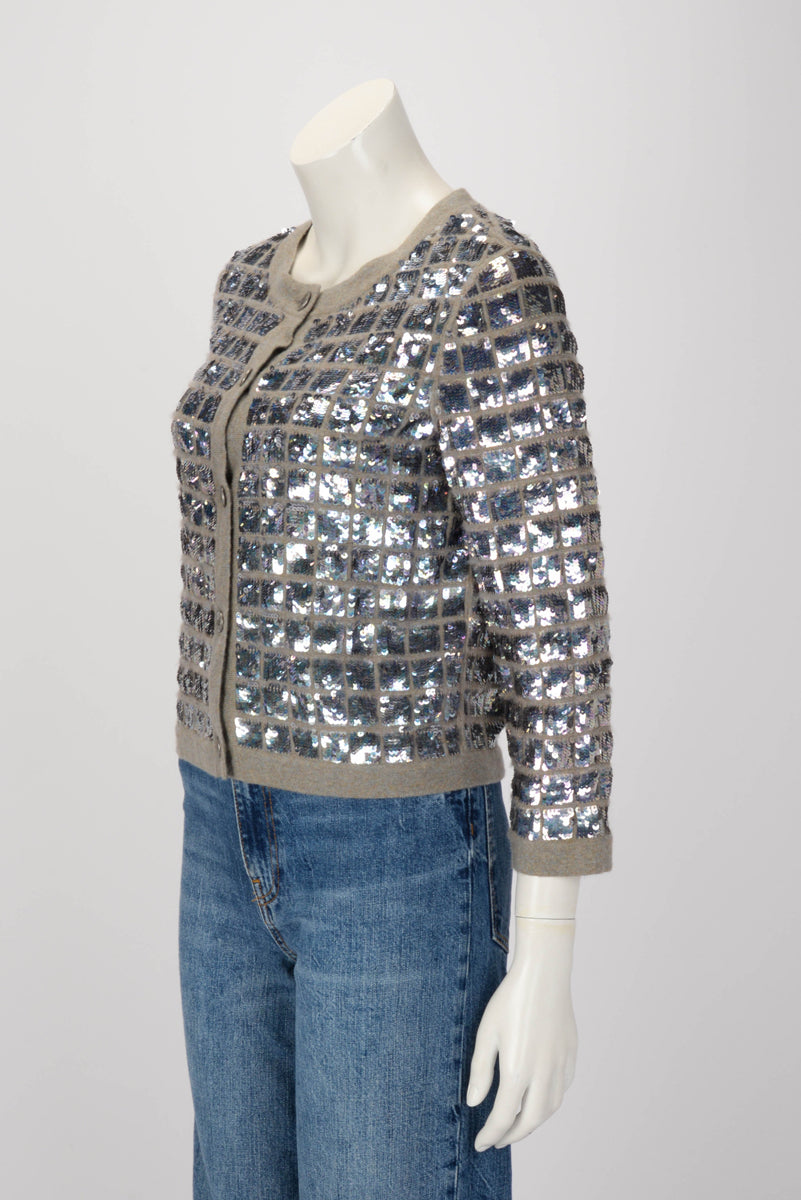 Chanel Grey Cashmere Iridescent Sequin Cardigan FR 36