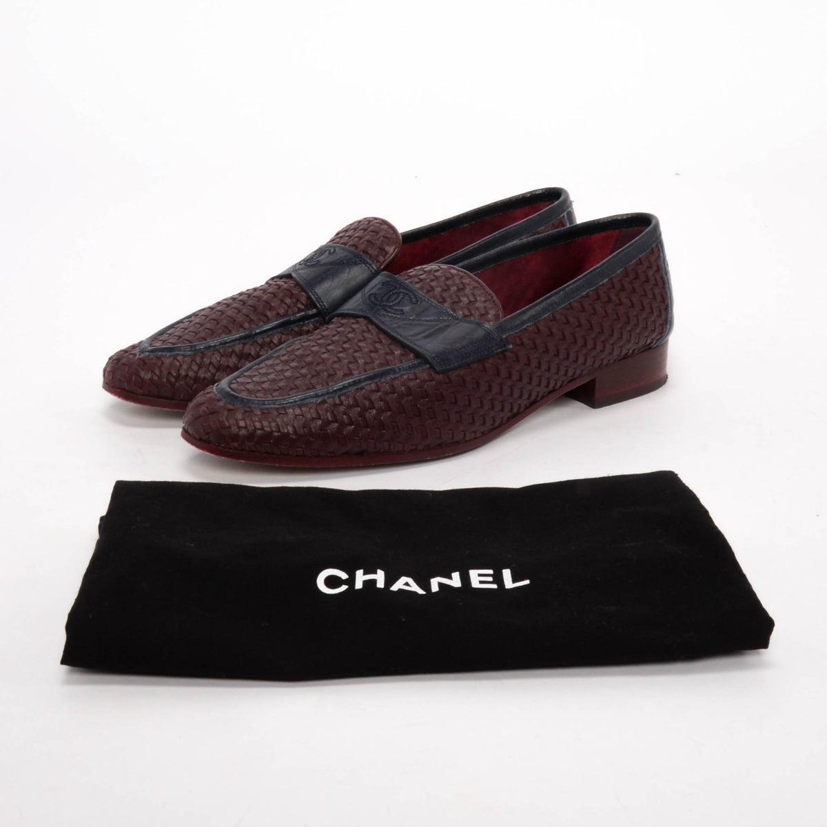 Chanel Burgundy & Navy Woven Leather CC Loafers 38.5