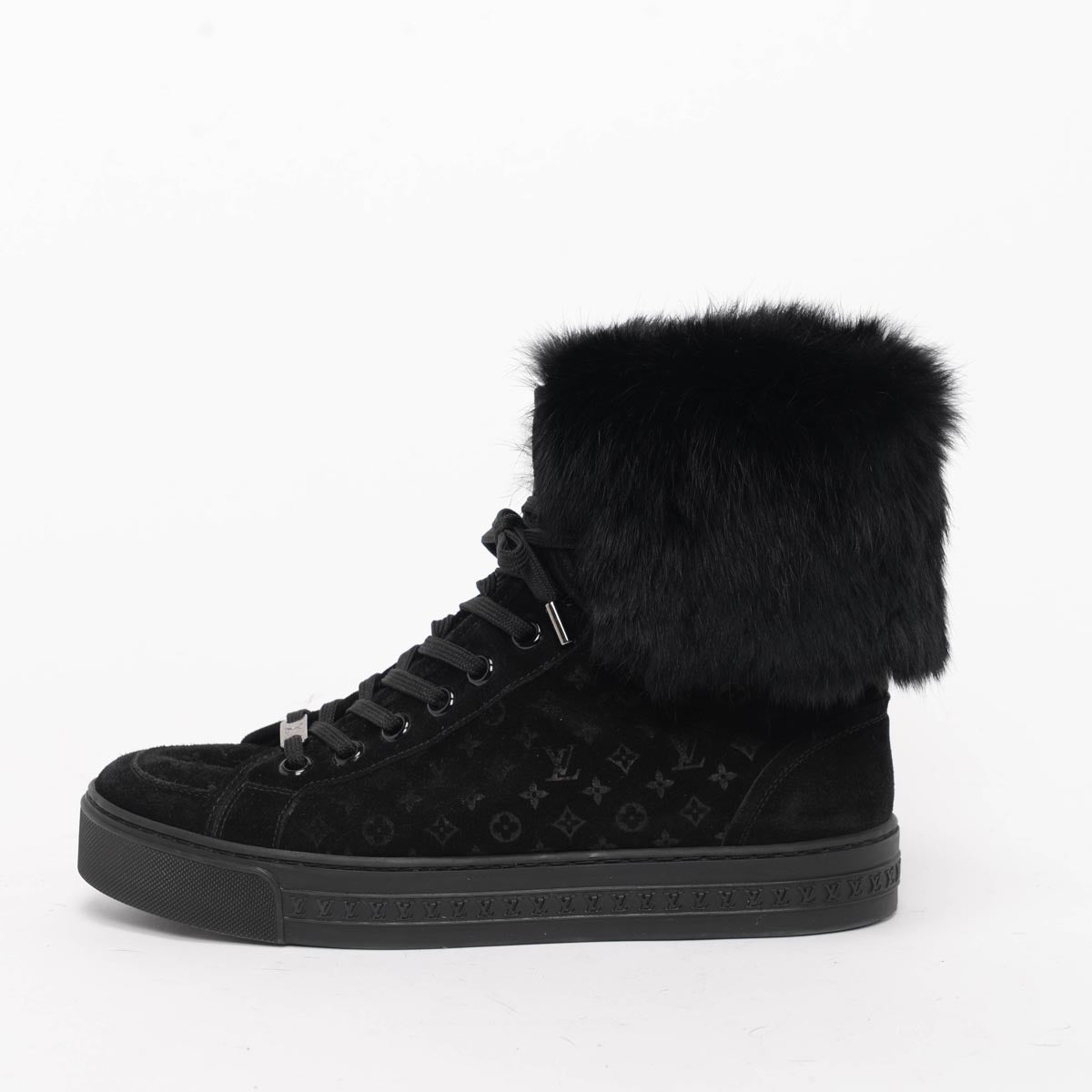 Louis Vuitton Black Monogram Suede & Fur Fold Over Sneakers 41
