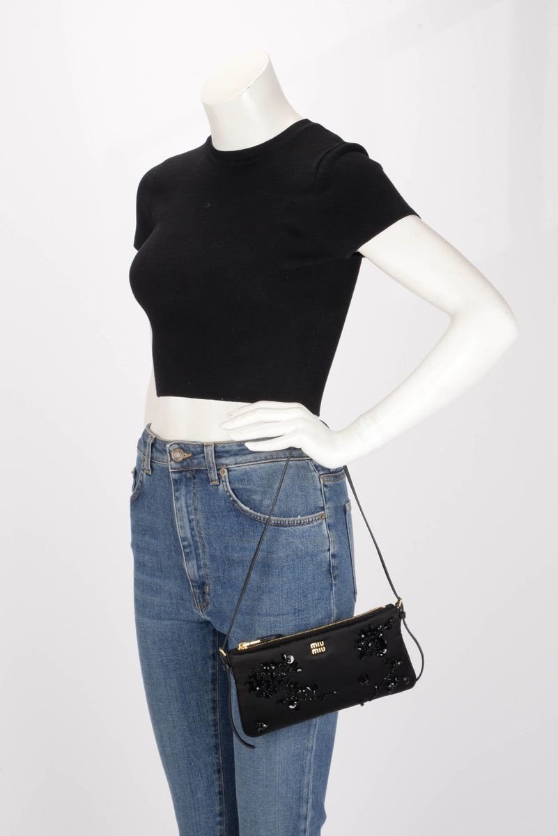 Miu Miu Black Duchesse Satin Beaded Mini Pouch