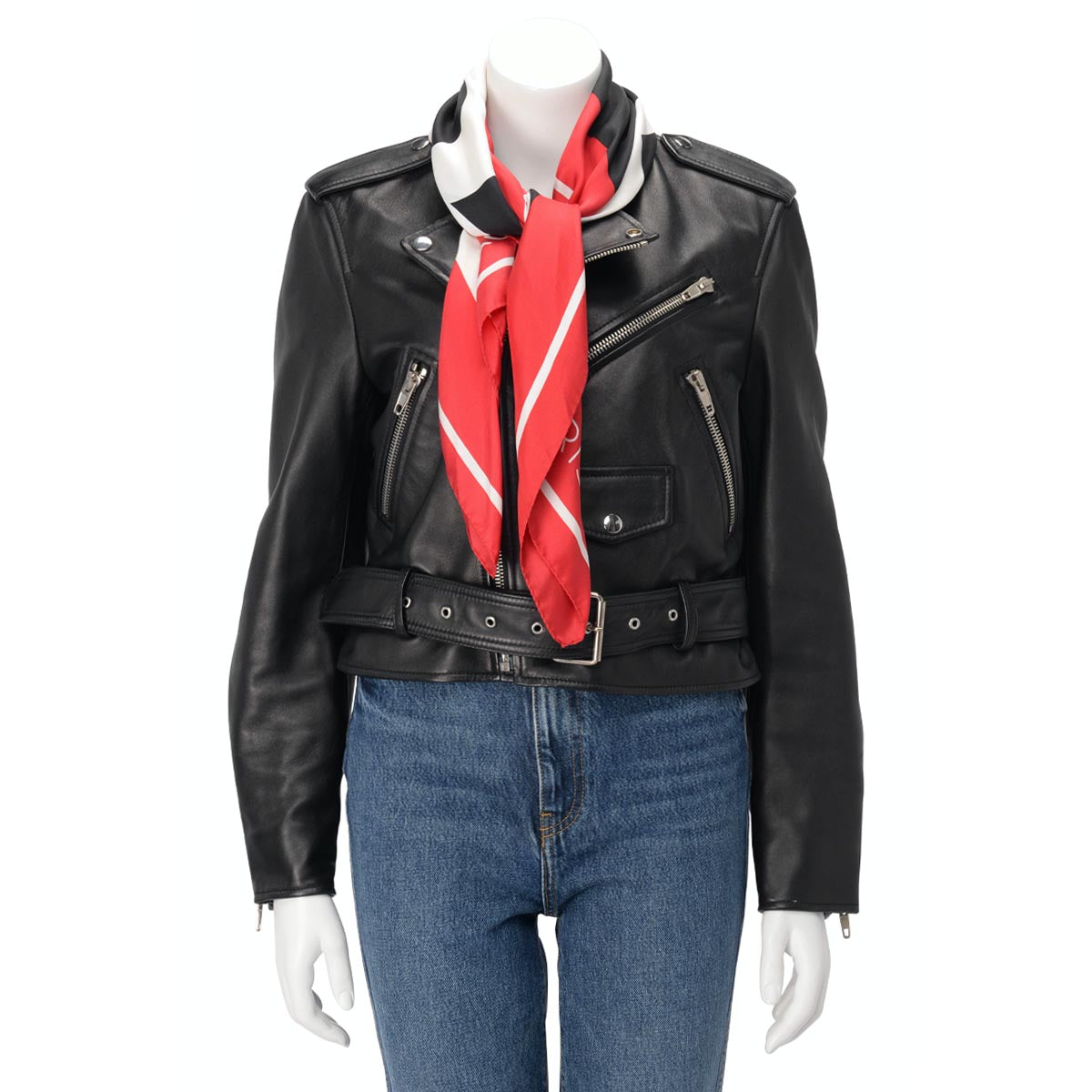 Balenciaga Black Lambskin Detachable Scarf Biker Jacket FR 40