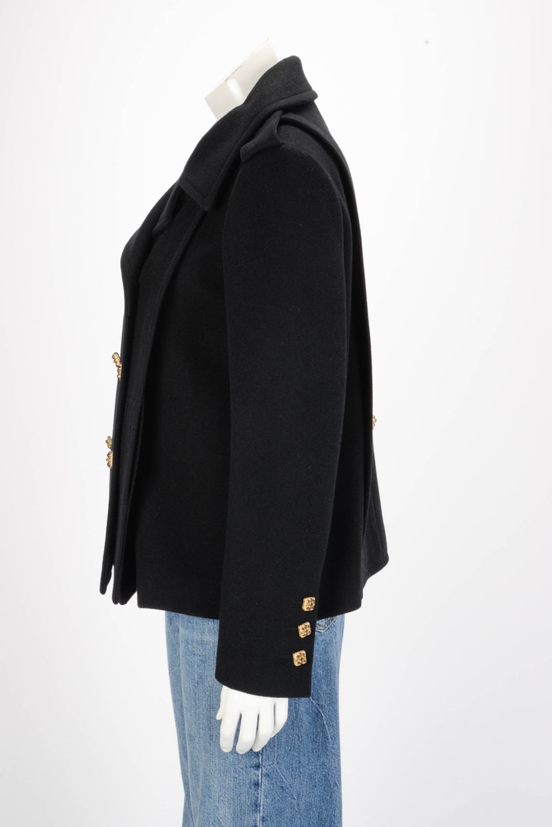 Chanel Black Wool Melton Gripoix Button Pea Coat FR 40