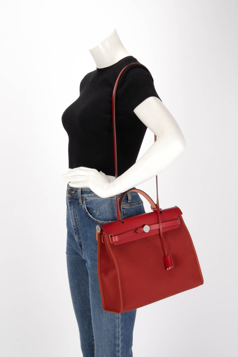 Hermes Rouge Piment Leather & Officier Canvas Herbag 31 Bag