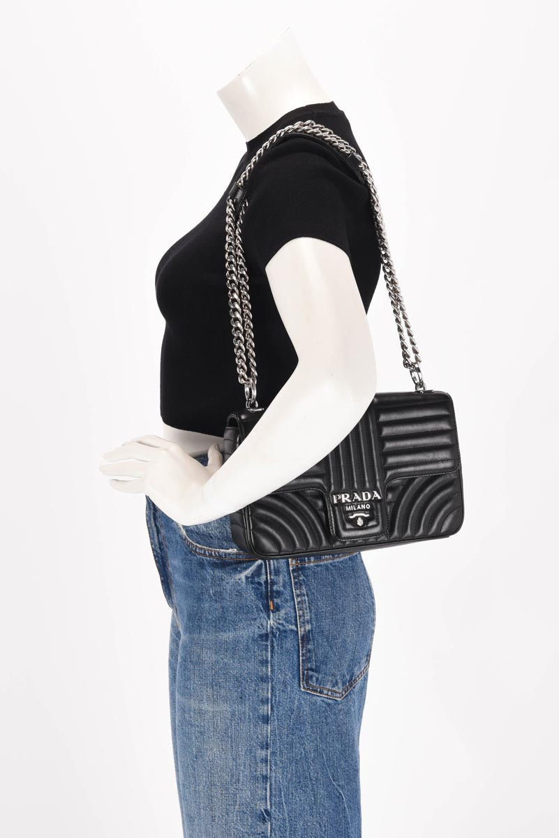 Prada Black Soft Calfskin Impunture Diagramme Medium Bag