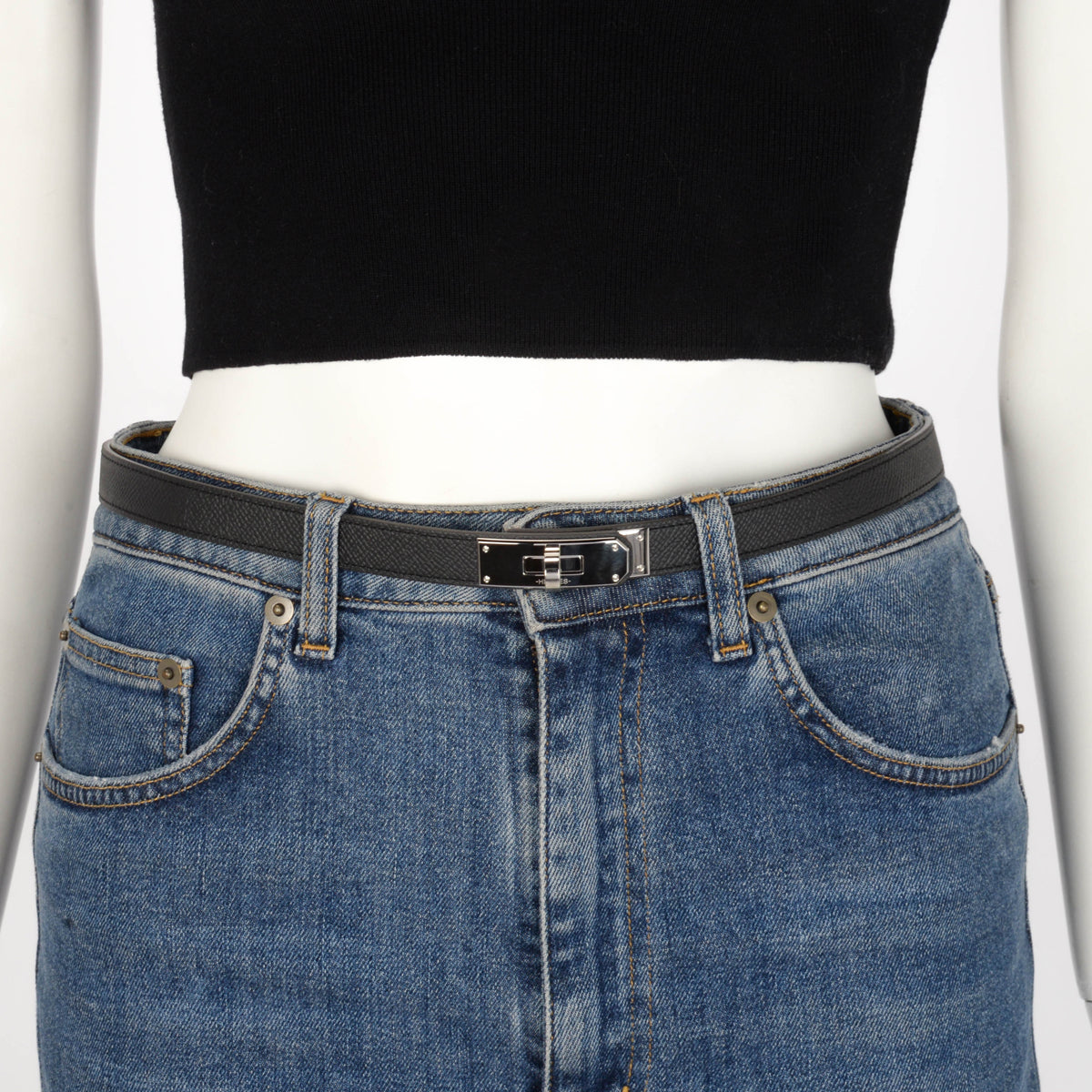 Hermes Black Epsom Kelly 18 Belt PHW