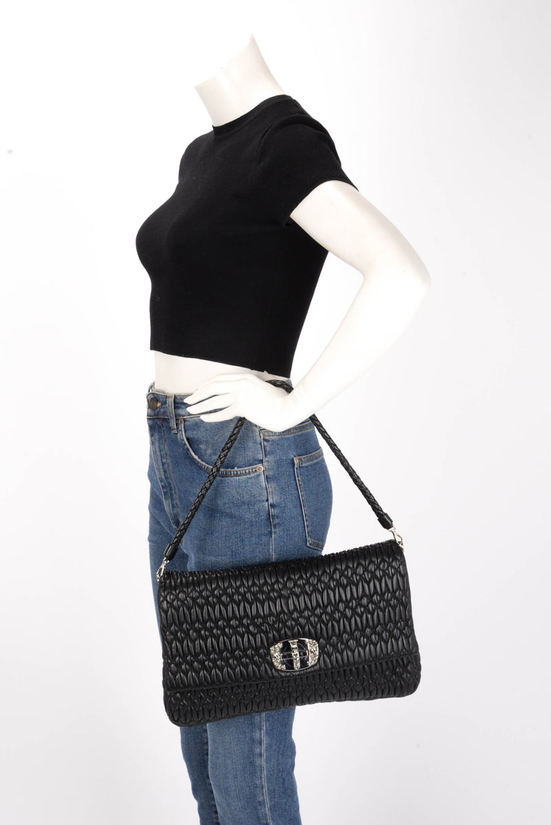 Miu Miu Black Matelasse Nappa Large Crystal Convertible Clutch