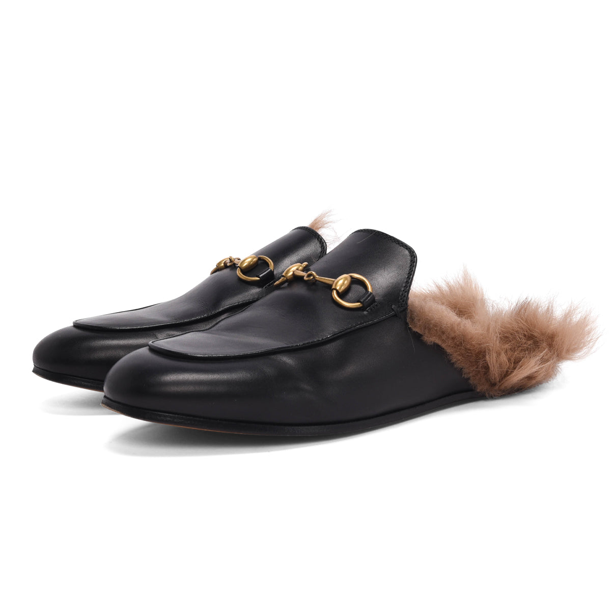 Gucci Black Leather Fur Lined Princetown Slippers 37