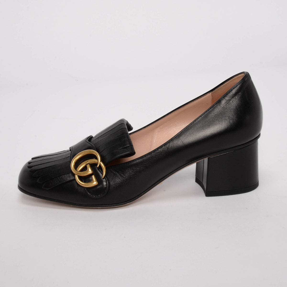 Gucci Black Calfskin Marmont Fringed Loafer Pumps 38