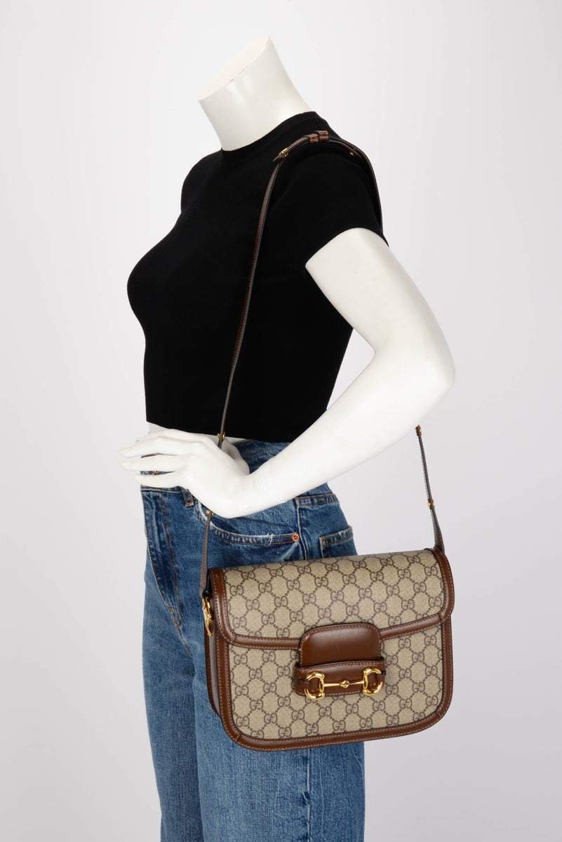 Gucci Tan Leather & GG Supreme Medium Horsebit 1955 Bag