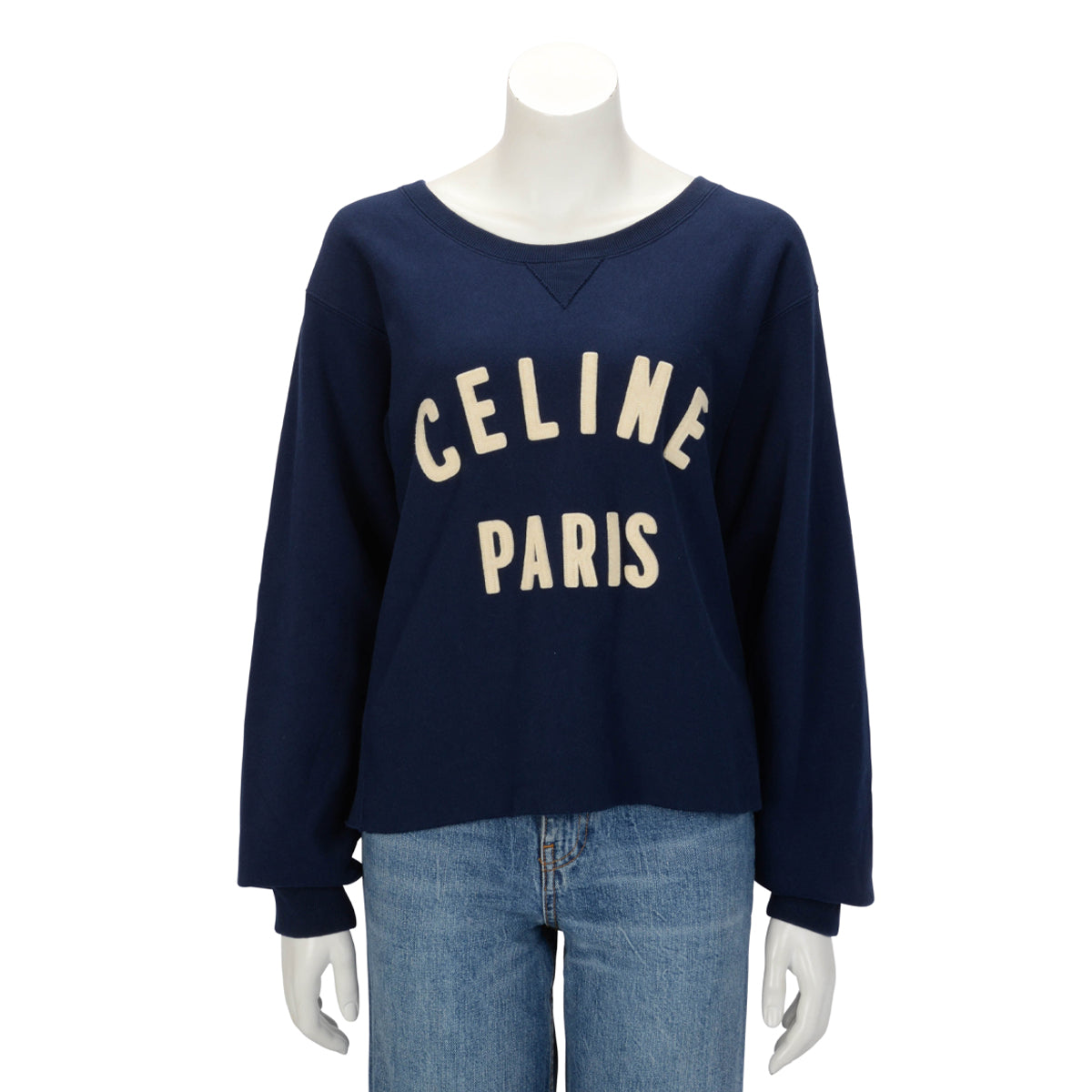 Celine Navy Cotton Logo Cropped Sweater L