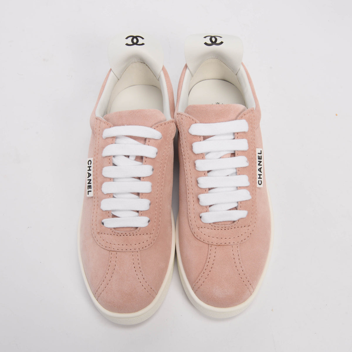 Chanel Pale Pink Suede Weekender Logo Sneakers 37