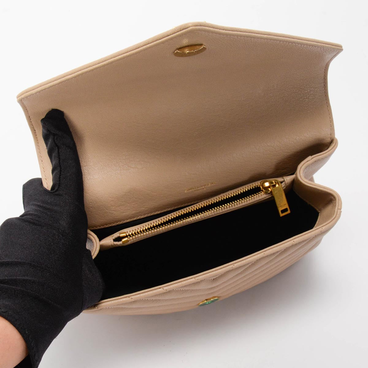 Saint Laurent Beige Chevron Calfskin Medium College Bag