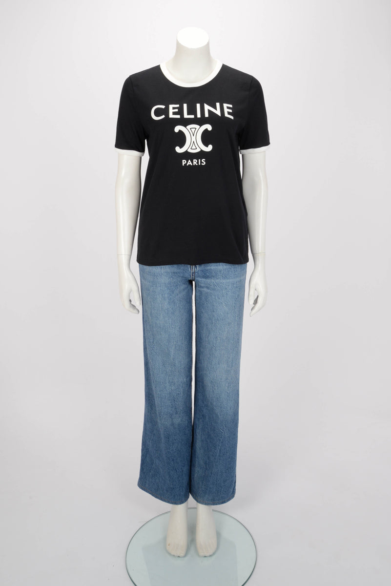 Celine Black & White Cotton Logo T-Shirt XL