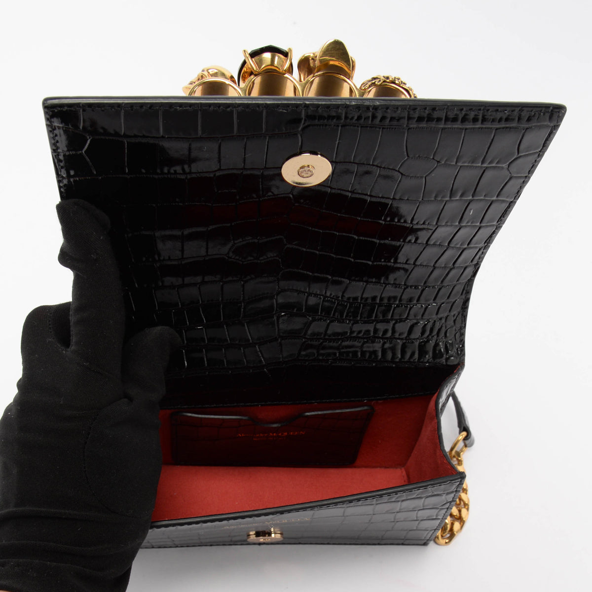 Alexander McQueen Black Croc Embossed Jewelled Skull Satchel Mini Bag