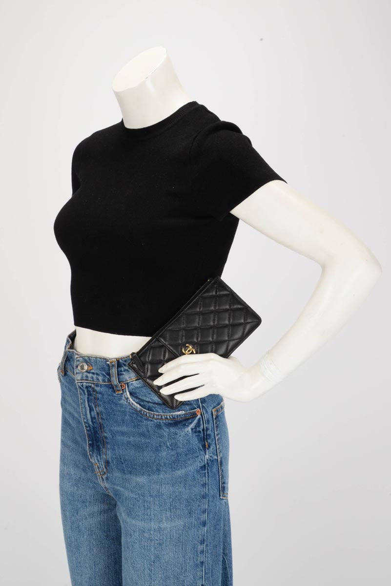 Chanel Black Lambskin CC Phone Holder Zip Wallet