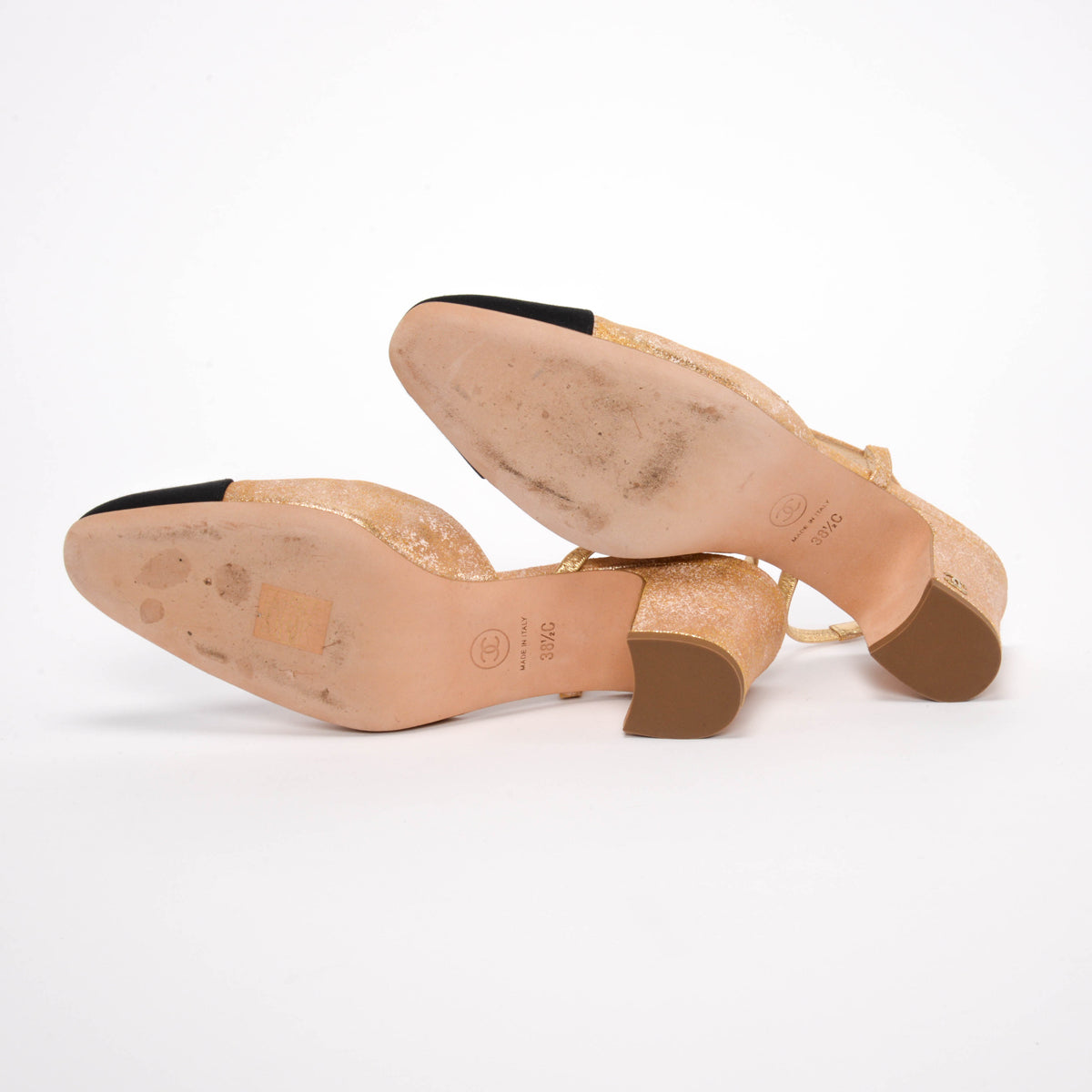 Chanel Gold & Black Calfskin Cap Toe Slingbacks 38.5