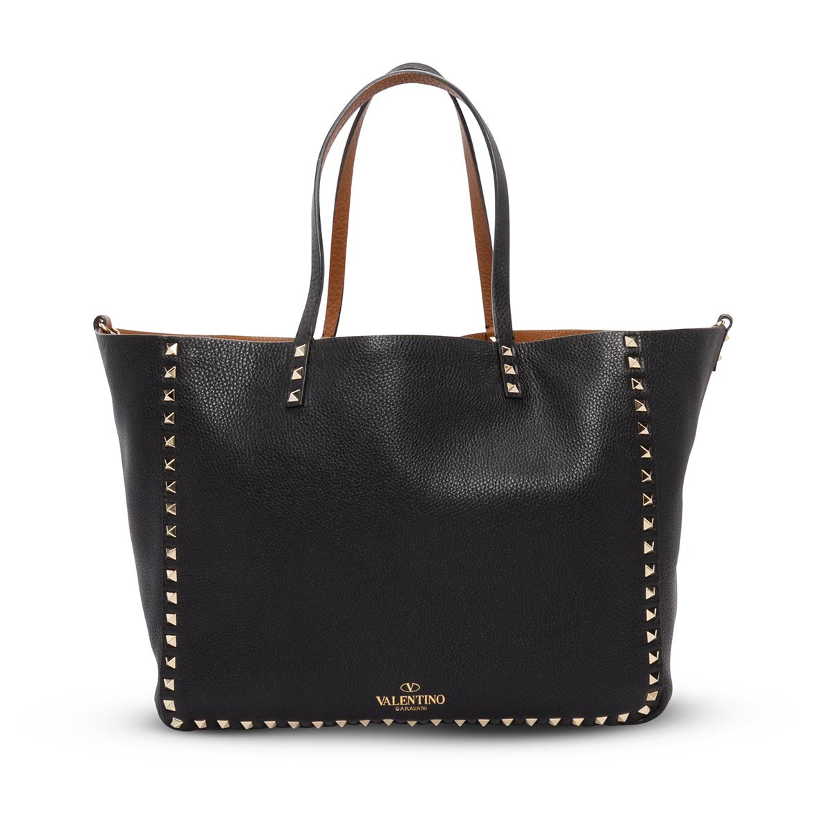 Valentino Black & Tan Grained Calfskin Reversible Rockstud Tote