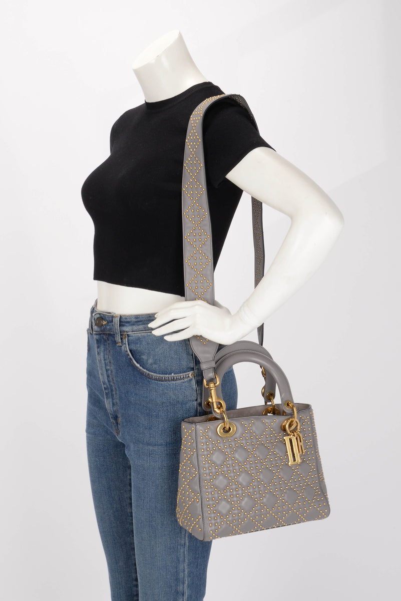 Dior Grey Studded Leather Medium Supple Lady Dior Bag