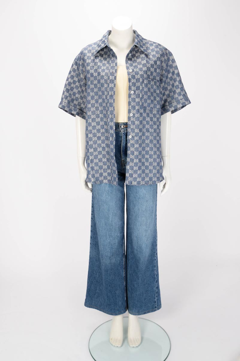 Gucci Blue Linen Jacquard GG Shirt IT 40
