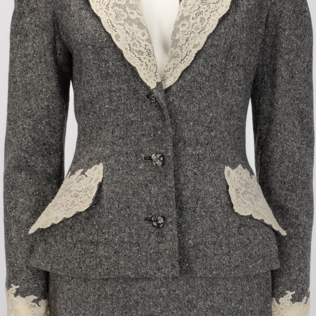 Dior Grey Wool Tweed Lace Trim Jacket & Skirt FR 40
