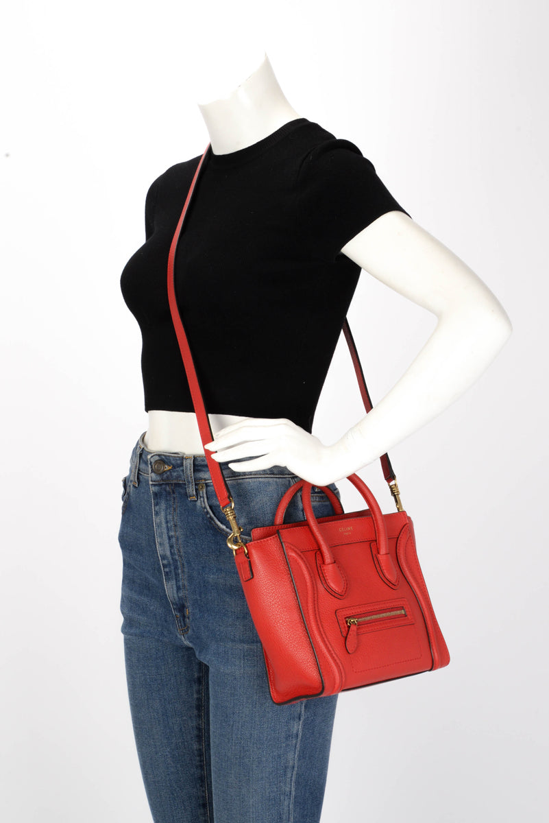 Celine Poppy Red Drummed Calfskin Micro Luggage Tote