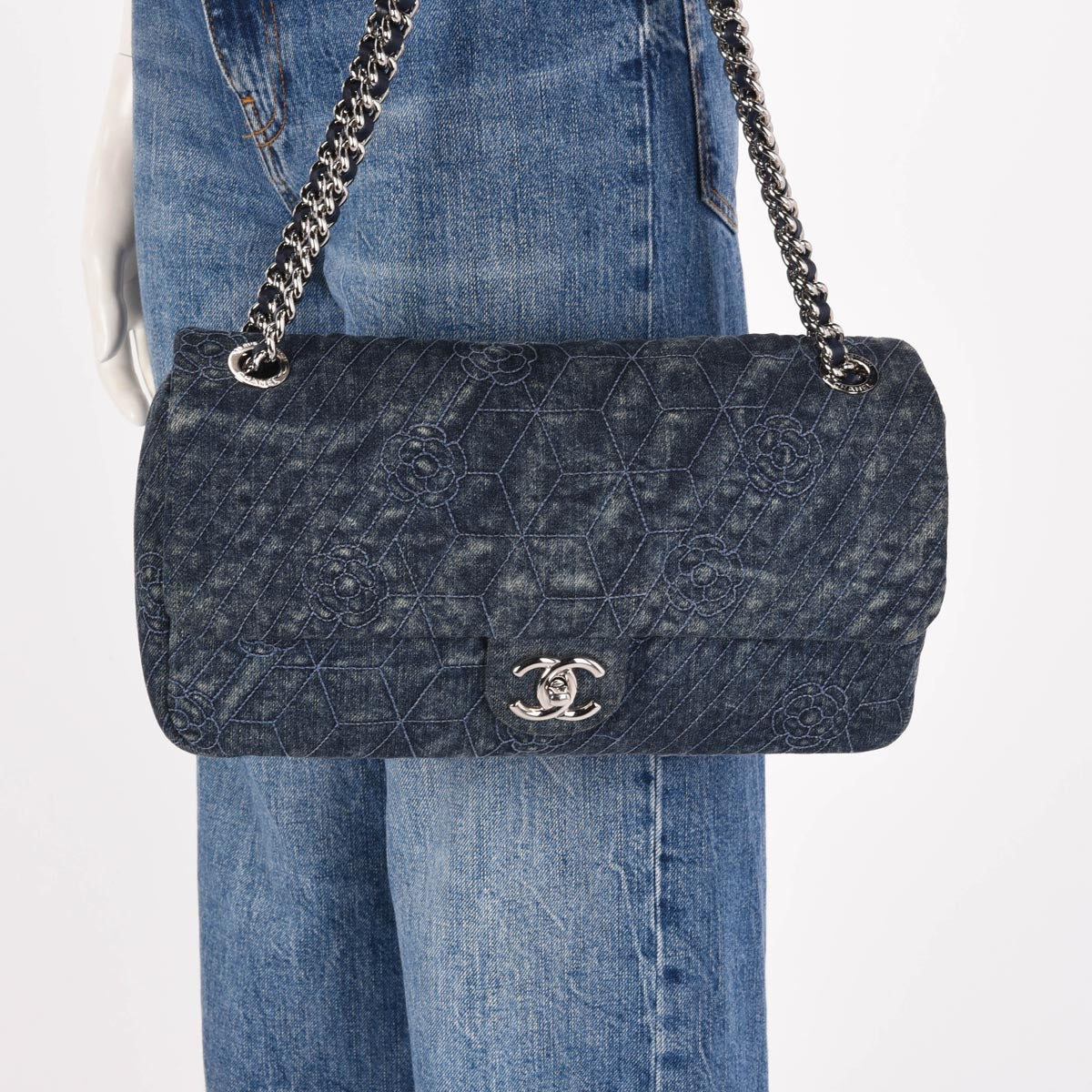 Chanel Dark Blue Denim Camellia Embroidered Large Flap Bag
