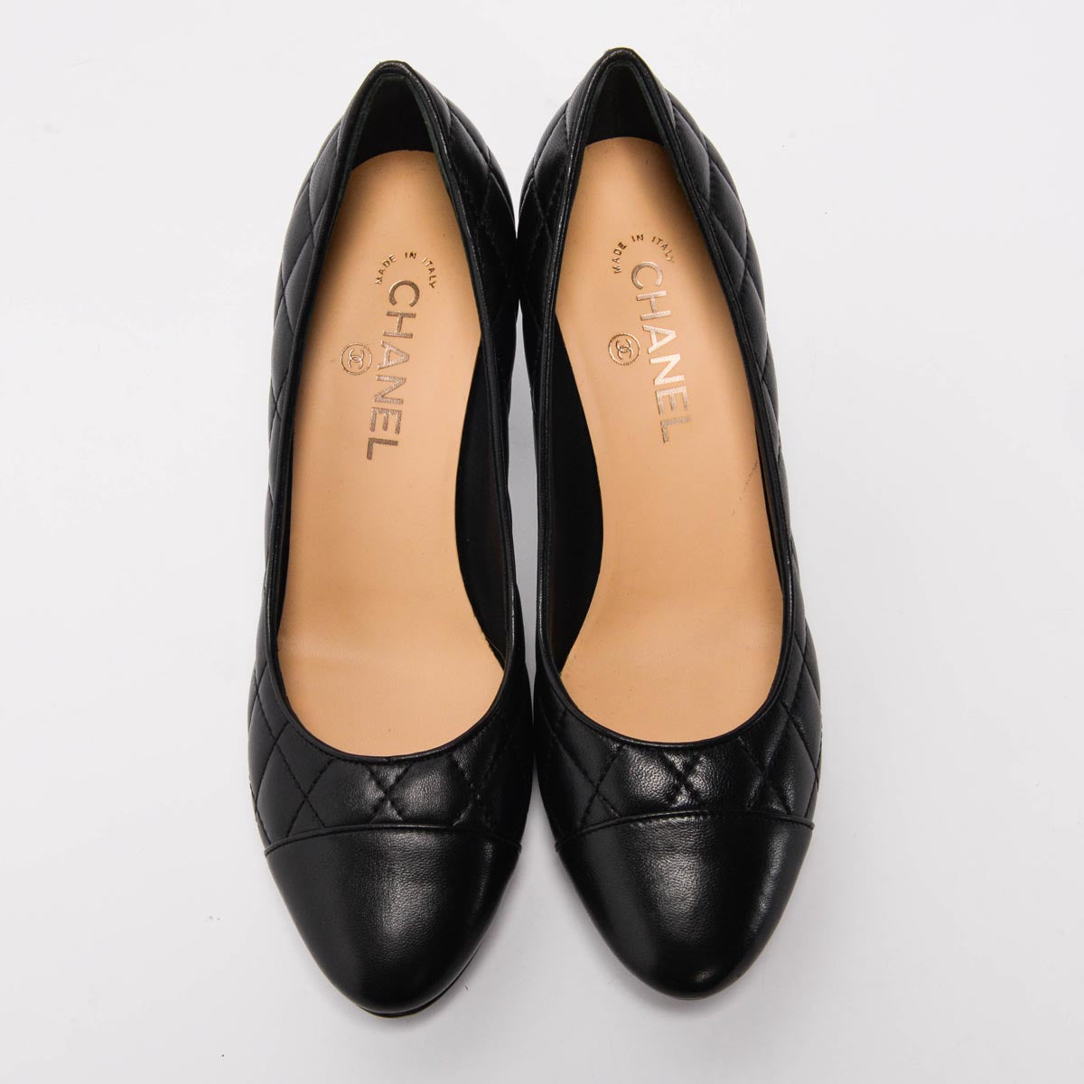 Chanel Black Quilted Lambskin Cap Toe Pumps 39.5