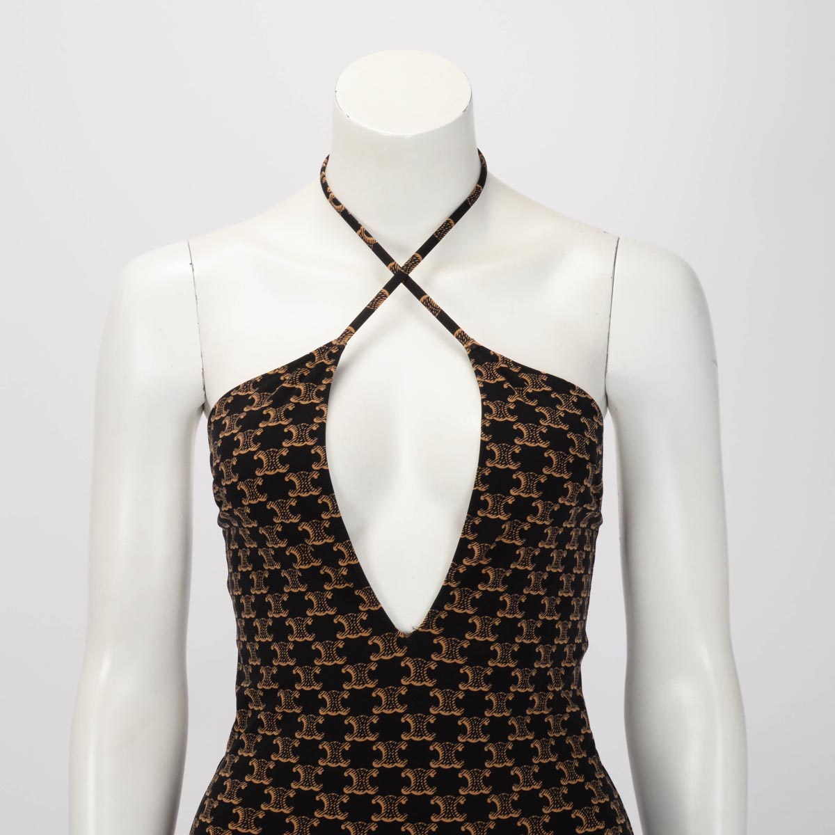 Celine Brown Monogram Jersey V-Neck One Piece Swimsuit FR 40