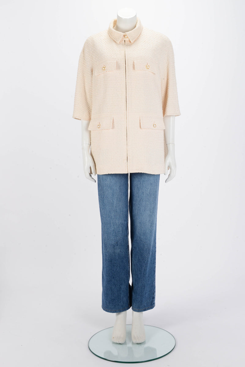 Chanel Cream Cotton Pearl Button Zip Up Jacket