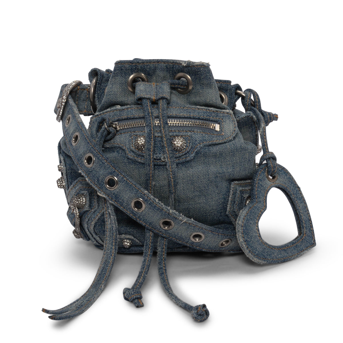 Balenciaga Blue Denim & Crystal BB Monogram Le Cagole Bucket Bag