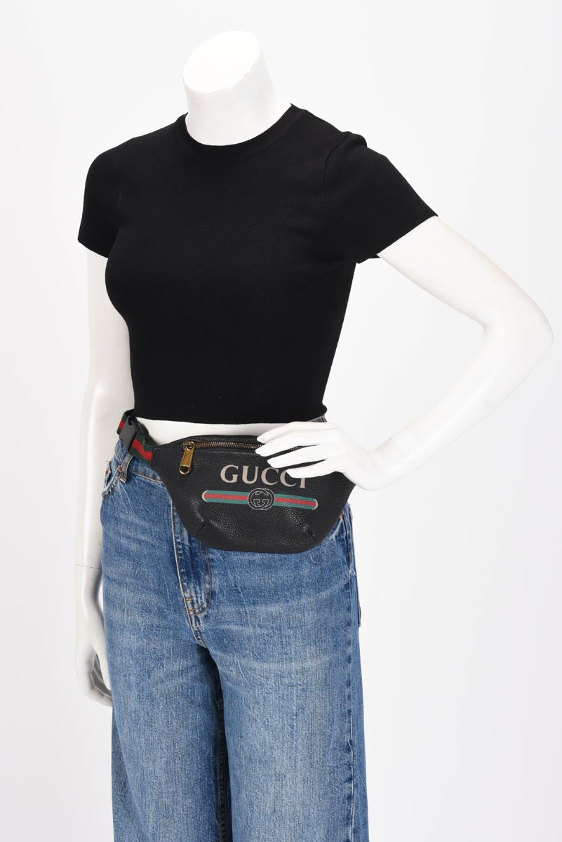 Gucci Black Grained Calfskin Logo Belt Bag
