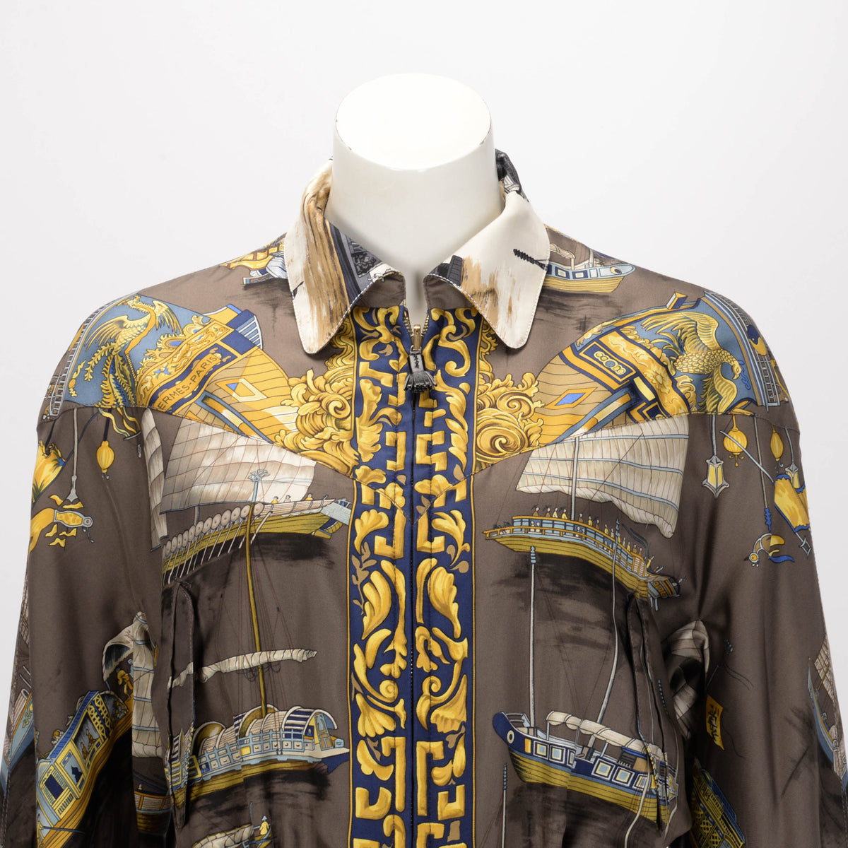 Hermes Brown & Cream Silk Jonques et Sampans Reversible Jacket FR 40