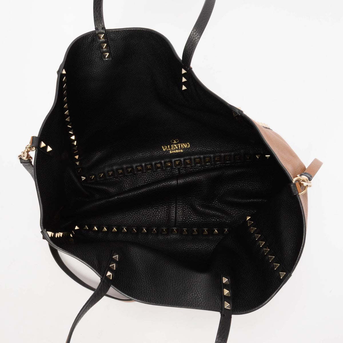 Valentino Black & Tan Grained Calfskin Reversible Rockstud Tote