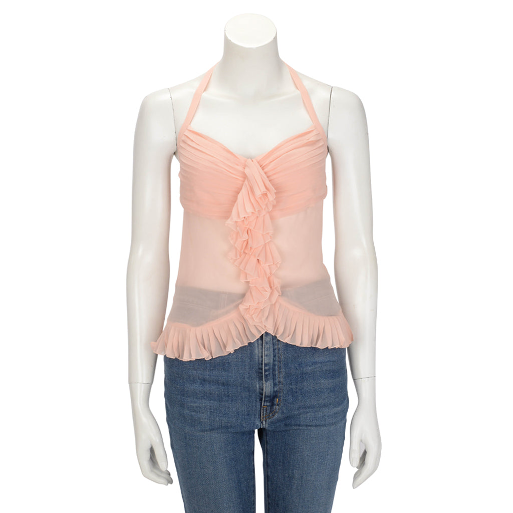 Chanel Pink Silk Ruffle Halter Top FR 38