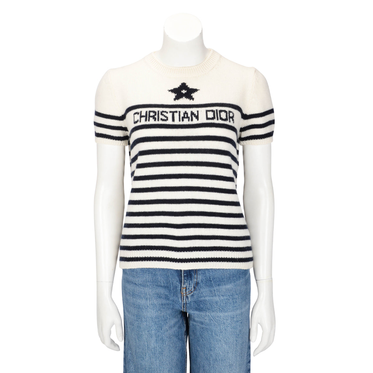 Dior Ecru & Navy Cashmere Knit Dioriviera Short Sleeve Sweater FR 42